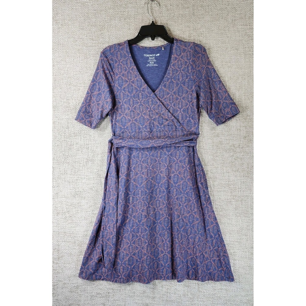 Toad & Co‎ Faux Wrap Cafe Dress Womens S Blue Geo Print Belted Organic Cotton